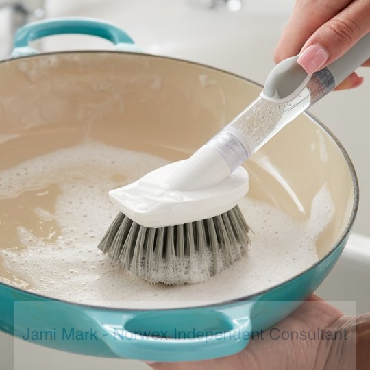 Cleaning bakeware with the Norwex kitchen brush