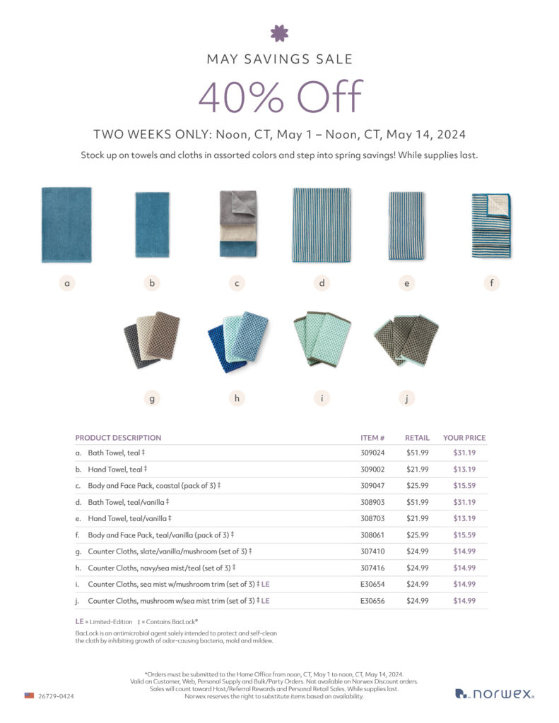 40% off select Norwex cloths