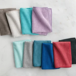 Norwex kitchen cloths lined up on a counter